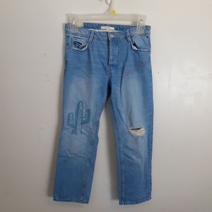 Zara Jeans Cropped Embroidered Button Fly Mid Rise Distressed Light Wash